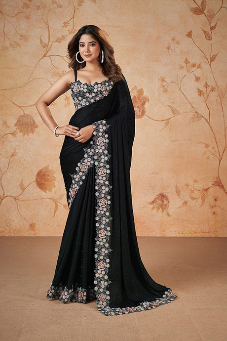 Black Crepe Satin Silk Embroidered Saree with Unstitched Blouse