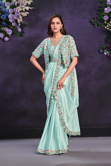 Aqua Blue Crepe Satin Silk Embroidered Ready to Wear Saree with Stitched Blouse