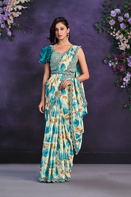 Beige & Blue Satin Silk Embroidered Ready to Wear Saree with Stitched Blouse