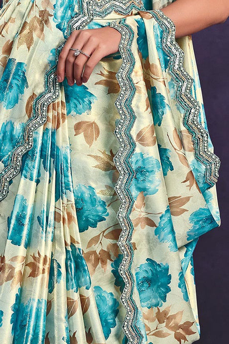 Beige & Blue Satin Silk Embroidered Ready to Wear Saree with Stitched Blouse