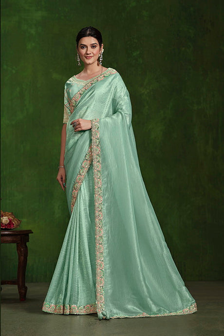 Aqua Blue Crush Paper Silk Sequence with Mirror work Saree with Stitched Blouse