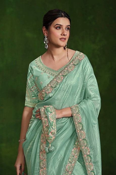 Aqua Blue Crush Paper Silk Sequence with Mirror work Saree with Stitched Blouse