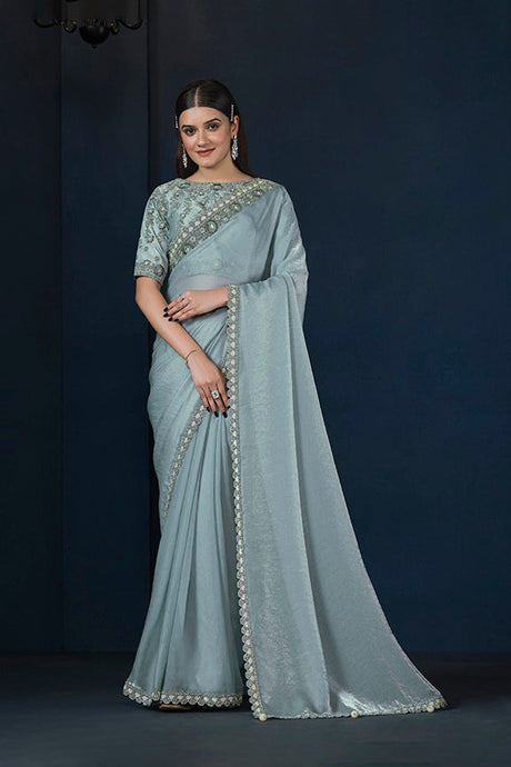 Aqua Blue Two Tone Satin Silk Moti with Pure Handwork Saree with Unstitched Blouse