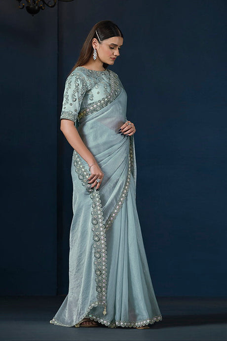 Aqua Blue Two Tone Satin Silk Moti with Pure Handwork Saree with Unstitched Blouse