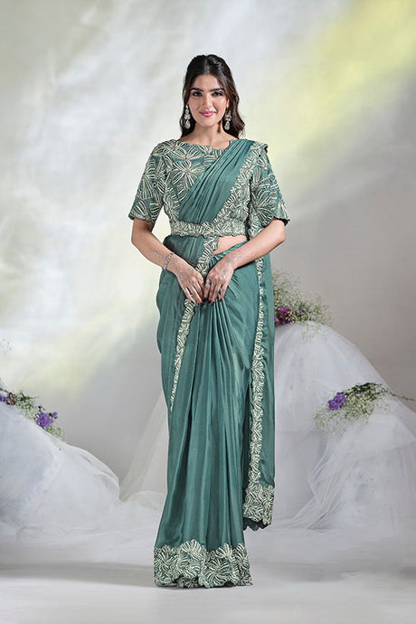 Aqua Blue Crepe Satin Silk Designer Ready to wear saree with Stitched Blouse