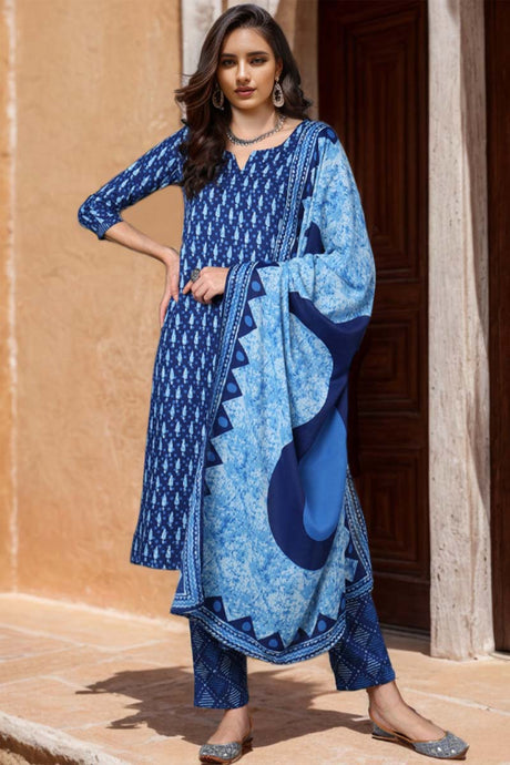 Blue Rayon Blend Ethnic Motifs Printed Straight Suit Set | Ethniqndia - Made In INDIA.