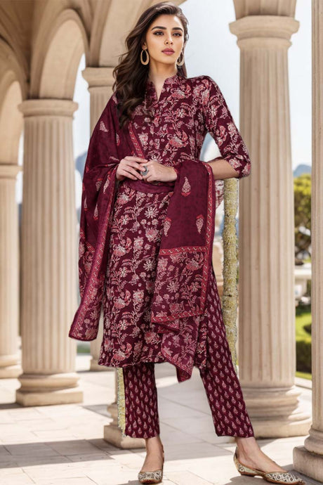 Maroon Rayon Blend Floral Printed Straight Suit Set | Ethniqndia - Made In INDIA.