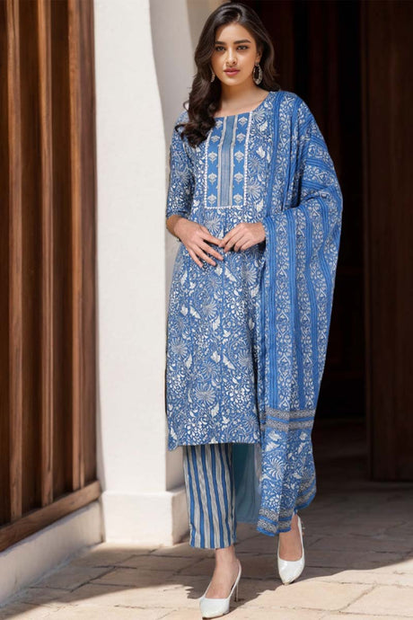 Blue Rayon Blend Floral Printed Straight Suit Set | Ethniqndia - Made In INDIA.