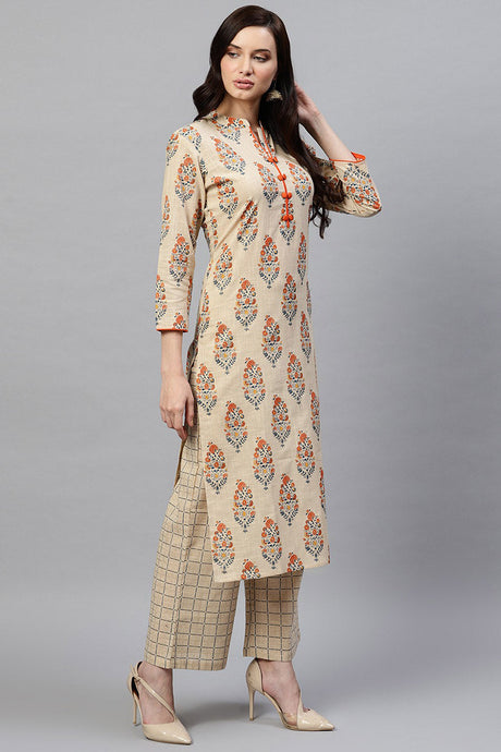 Beige Cotton Ethnic Motifs Kurta Set | Ethniqndia - Made In INDIA.