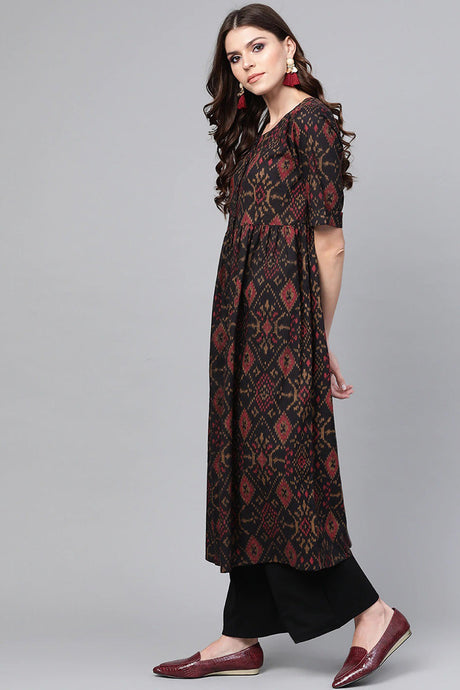 Women Black & Maroon Color Rayon Blend fabric Printed A-Line Kurta | Ethniqndia - Made In INDIA.