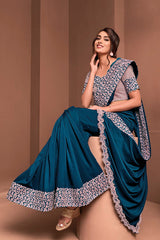 Teal Blue Silk Georgette Embroidered Saree with Unstitched Blouse