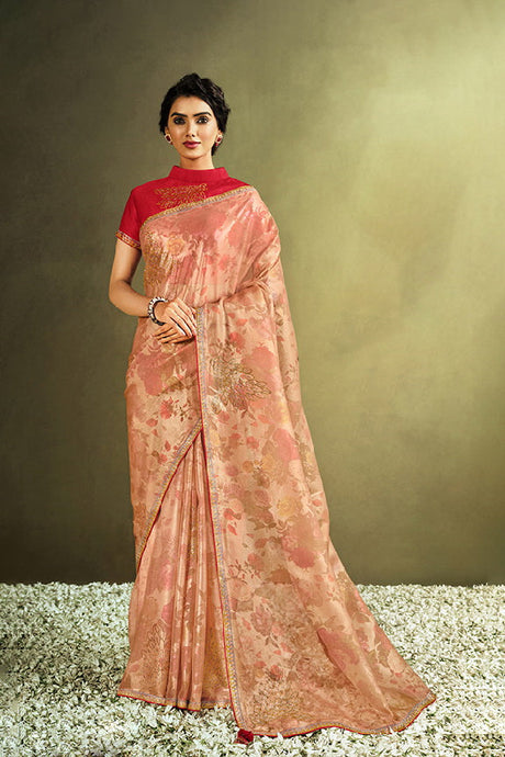 Peach Tissue Printed Saree with Unstitched Blouse