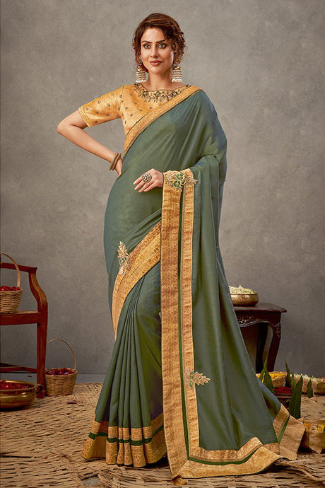 Olive Tusser Silk Embroidered Saree with Unstitched Blouse