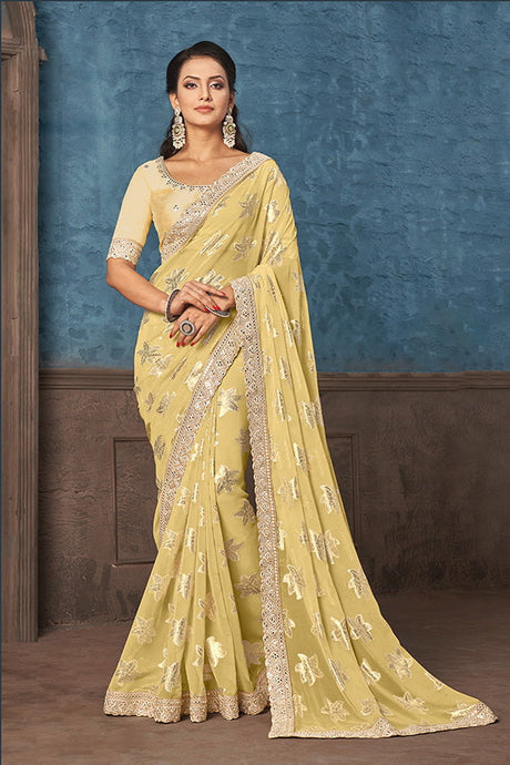 Yellow Georgette Zari Jacquard Embroidered Saree with Unstitched Blouse