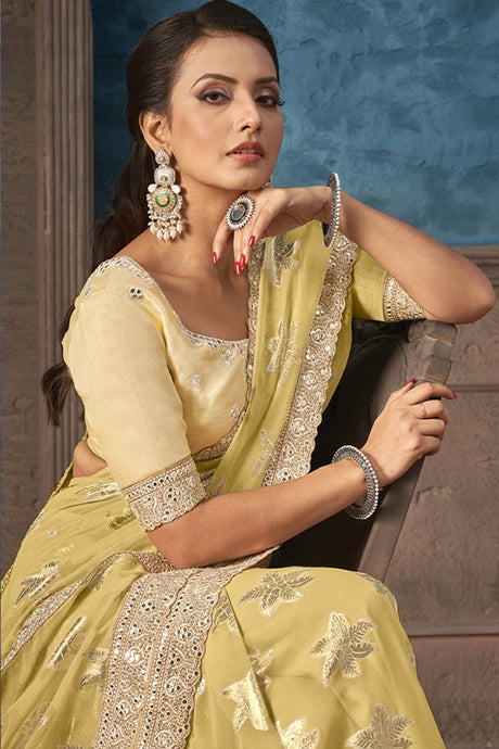 Yellow Georgette Zari Jacquard Embroidered Saree with Unstitched Blouse