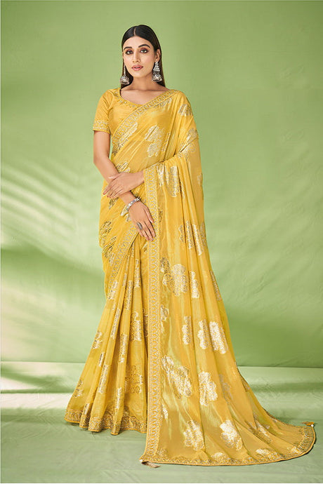 Yellow Georgette Zari Jacquard Embroidered  Saree with Unstitched Blouse