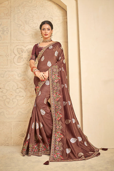 Brown Khadi Silk Embroidered  Saree with Unstitched Blouse