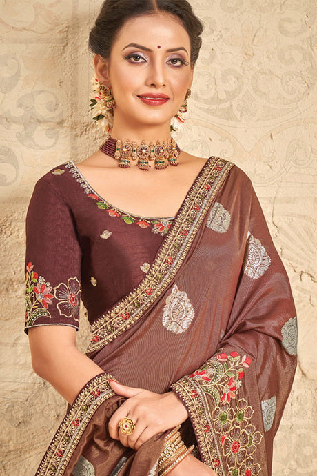 Brown Khadi Silk Embroidered  Saree with Unstitched Blouse