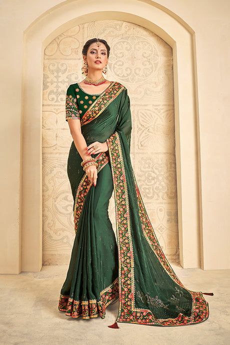 Green Silk Georgette Resham Embroidered Saree with Unstitched Blouse