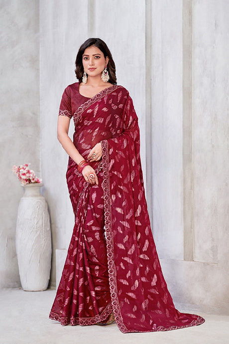 Red Georgette Zari Jacquard Woven Saree with Unstitched Blouse