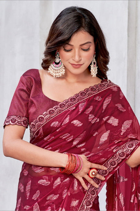 Red Georgette Zari Jacquard Woven Saree with Unstitched Blouse