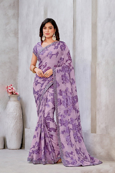 Purple Georgette Zari Jacquard Woven Saree with Unstitched Blouse