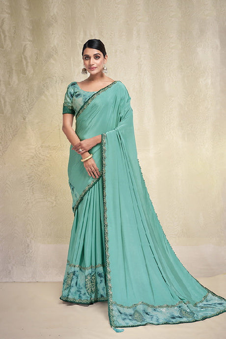 Aqua Blue Crepe Silk Sequence Saree with Unstitched Blouse