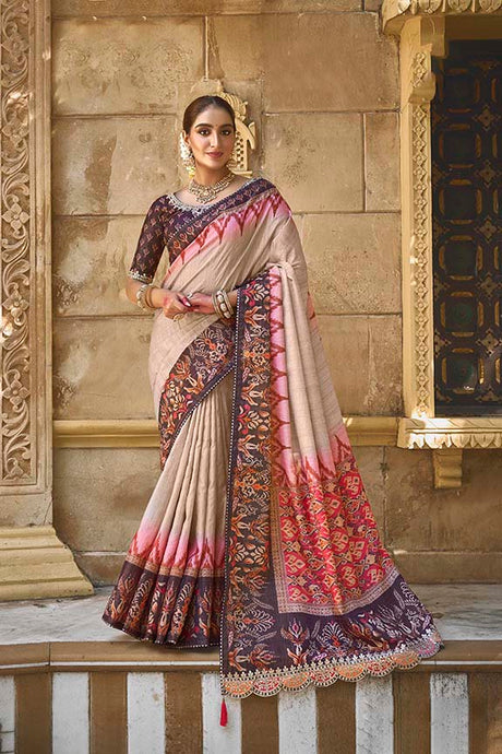 Beige Bhagalpuri Silk Pure Gota Work Saree with Unstitched Blouse