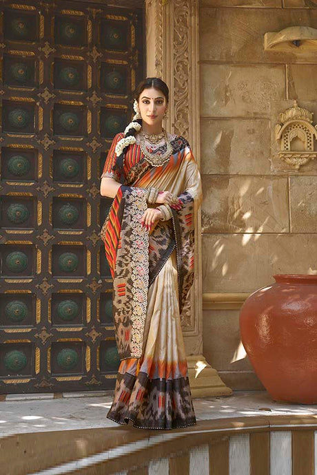 Beige Bhagalpuri Silk Pure Gota Work Saree with Unstitched Blouse