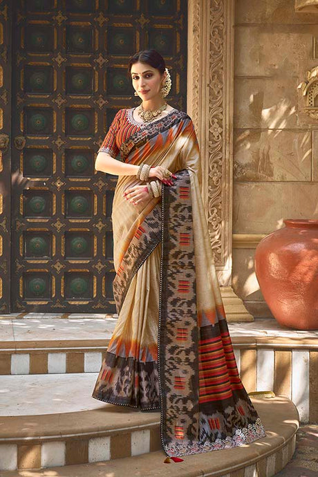 Beige Bhagalpuri Silk Pure Gota Work Saree with Unstitched Blouse