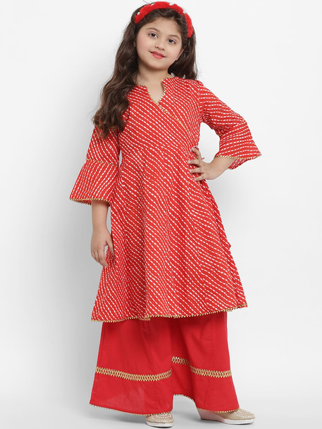 Girls Red & Off-White Striped Kurta With Palazzos | Ethniqndia - Made In INDIA.