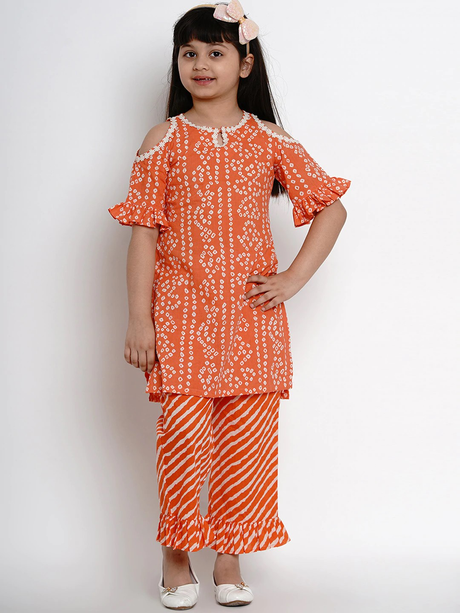 Girls Orange & White Dyed Kurta With Palazzos | Ethniqndia - Made In INDIA.