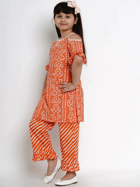 Girls Orange & White Dyed Kurta With Palazzos | Ethniqndia - Made In INDIA.