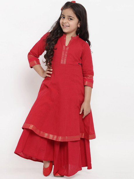 Girls Red Self Design Kurta With Palazzos | Ethniqndia - Made In INDIA.