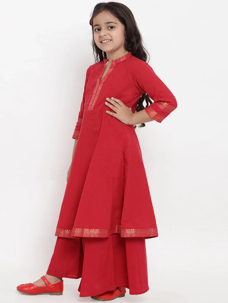 Girls Red Self Design Kurta With Palazzos | Ethniqndia - Made In INDIA.