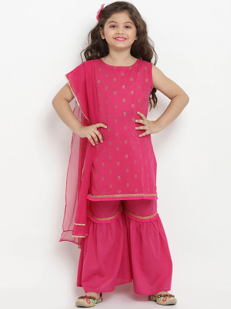 Girls Fuchsia Printed Kurta With Sharara & Dupatta | Ethniqndia - Made In INDIA.