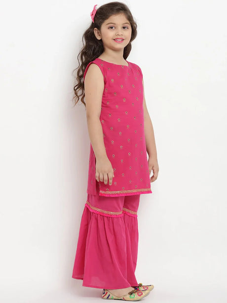 Girls Fuchsia Printed Kurta With Sharara & Dupatta | Ethniqndia - Made In INDIA.