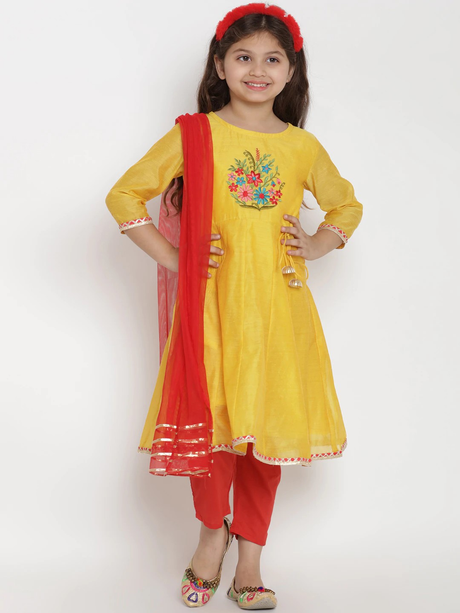 Girls Yellow & Red Embroidered Kurta With Pyjamas & Dupatta | Ethniqndia - Made In INDIA.