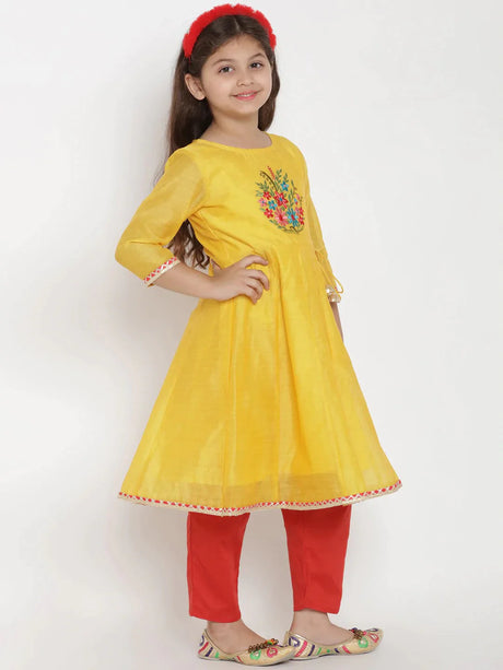 Girls Yellow & Red Embroidered Kurta With Pyjamas & Dupatta | Ethniqndia - Made In INDIA.