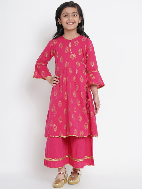 Girls Fuchsia Pink & Gold-Coloured Printed Kurta With Palazzos | Ethniqndia - Made In INDIA.