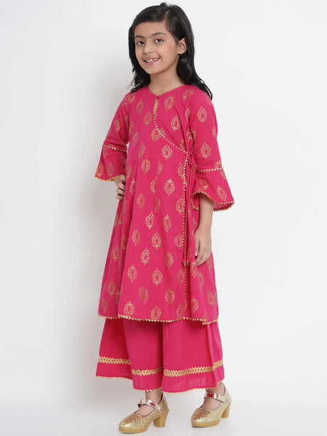 Girls Fuchsia Pink & Gold-Coloured Printed Kurta With Palazzos | Ethniqndia - Made In INDIA.