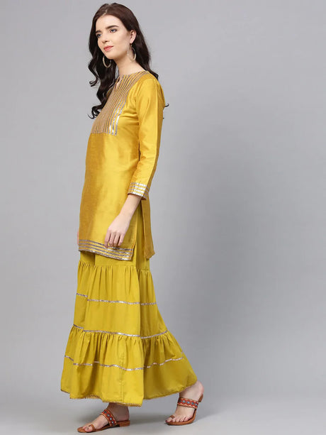 Women'S Mustard Yellow & Green Yoke Design Kurti With Sharara & Dupatta | Ethniqndia - Made In INDIA.