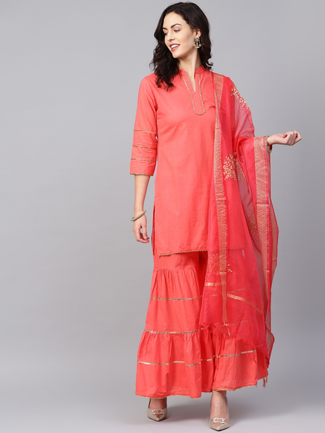 Women'S Peach-Coloured Solid Kurta With Sharara & Dupatta | Ethniqndia - Made In INDIA.