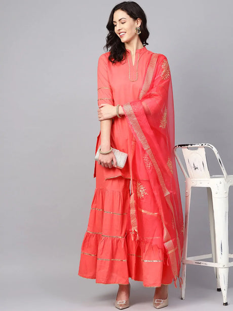 Women'S Peach-Coloured Solid Kurta With Sharara & Dupatta | Ethniqndia - Made In INDIA.