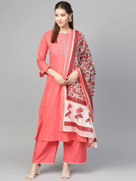 Women'S Peach-Coloured & White Solid Kurta With Palazzos & Dupatta | Ethniqndia - Made In INDIA.