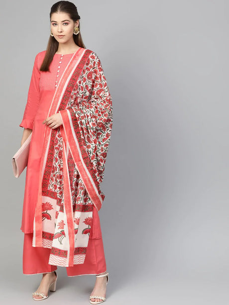 Women'S Peach-Coloured & White Solid Kurta With Palazzos & Dupatta | Ethniqndia - Made In INDIA.