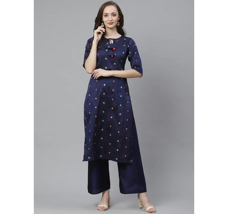 Women'S Navy Blue & Golden Woven Design Kurta With Palazzos | Ethniqndia - Made In INDIA.