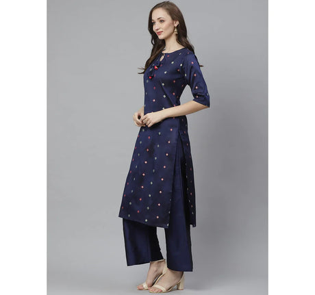 Women'S Navy Blue & Golden Woven Design Kurta With Palazzos | Ethniqndia - Made In INDIA.