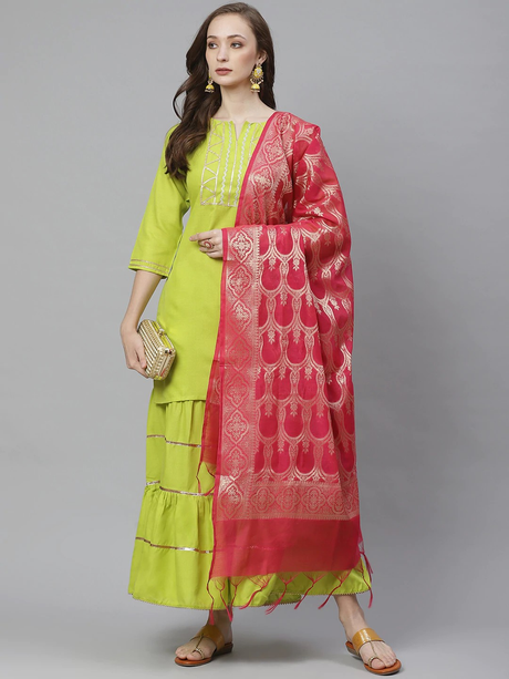 Women'S Lime Green & Pink Solid Kurta With Sharara & Dupatta | Ethniqndia - Made In INDIA.