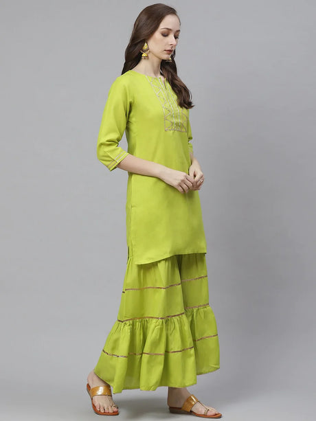 Women'S Lime Green & Pink Solid Kurta With Sharara & Dupatta | Ethniqndia - Made In INDIA.